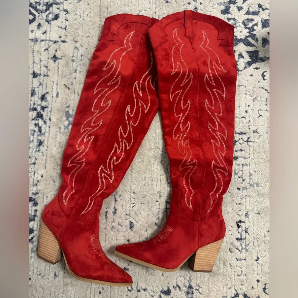 Mi.iM Red Stitched Over-the-Knee Western Boots